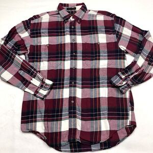 EDDIE BAUER Bainbridge Flannel Shirt Men M Wine Red Tartan Plaid Holiday Autumn